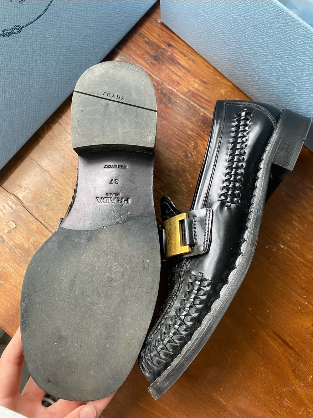 Prada Black Woven Leather Loafers with Gold Hardware - Picture 4 of 5